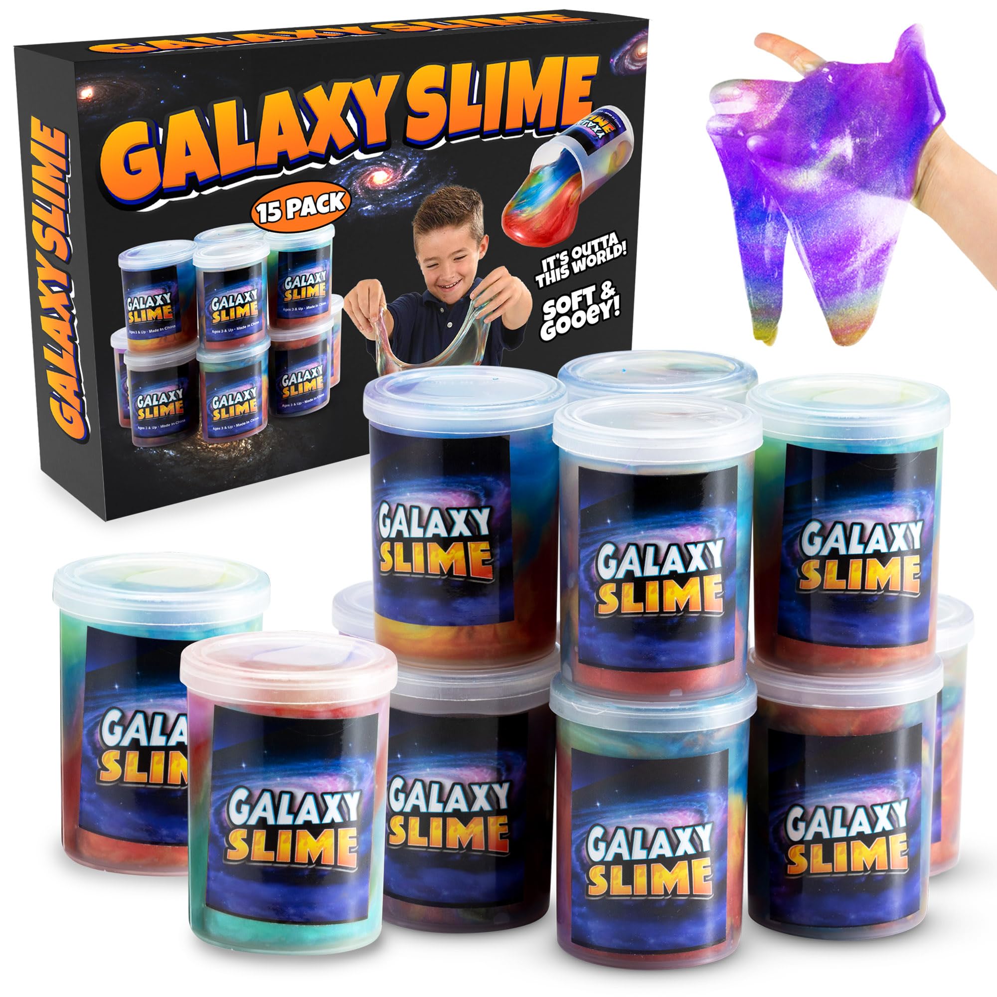 Galaxy Slime Party Favors for Kids - 15 Pack of Rainbow Slime Putty in Assorted Neon Colors, Premade Marble Space Slime Bulk, Non-Sticky, Great Classroom Reward, Party Supplies